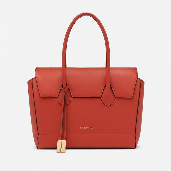 Coccinelle Saffiano Leather Work Tote Bag Gold Hardware Large Terracotta - Picture 2 of 16